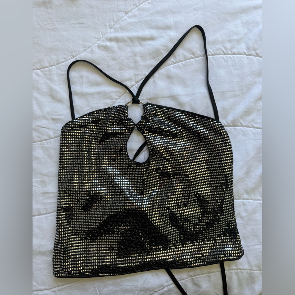 Black Sequin Halter Crop Top with Keyhole